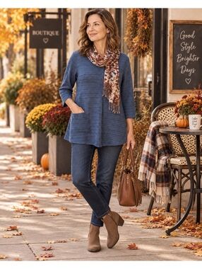 Habitat Blue Textured Tunic Top 3/4 Sleeve Relaxed Minimalist size small